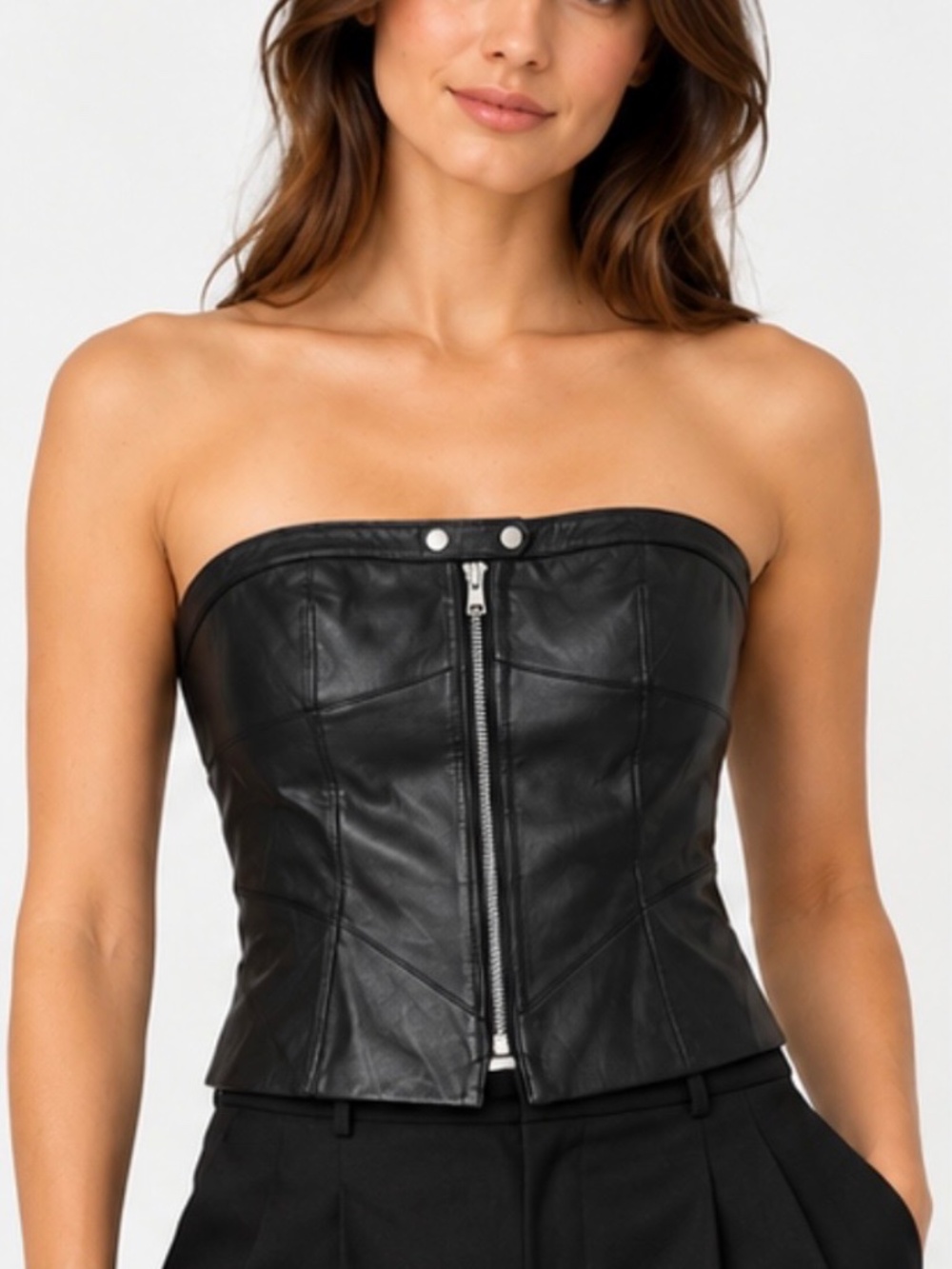 Laundry by Shelli Segal Black Leather Strapless Corset Bustier Top Size L